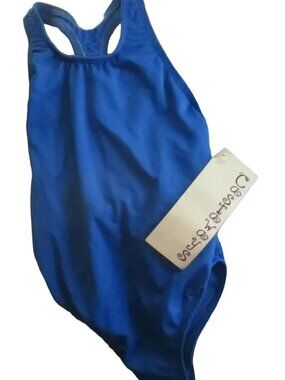 GIRLS Swimsuit 10 Vintage 1980's NYLON BLUE 1 Piece swim suit CASTAWAYS New nwt